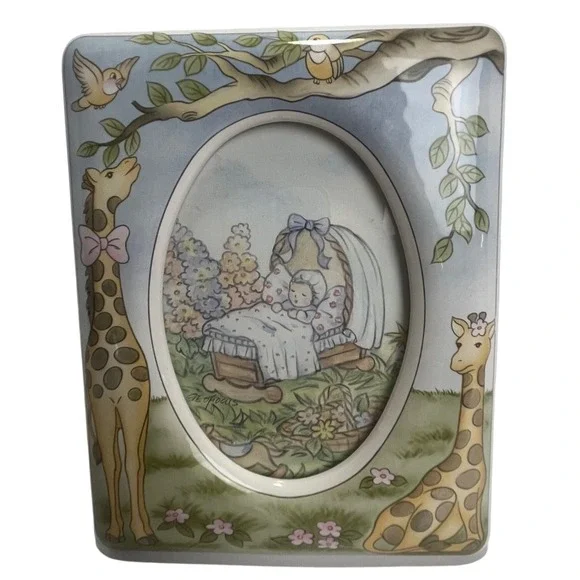 VTG Porcelain Giraffe Forest Nursery Baby Rectangle Picture Frame Self‎ Standing