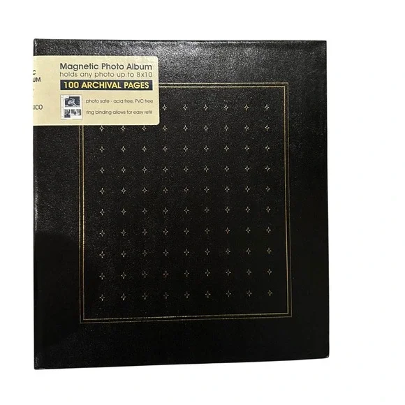 Vintage Magnetic Photo Album Black Faux Leather Gold Foil Archival 100 Pages