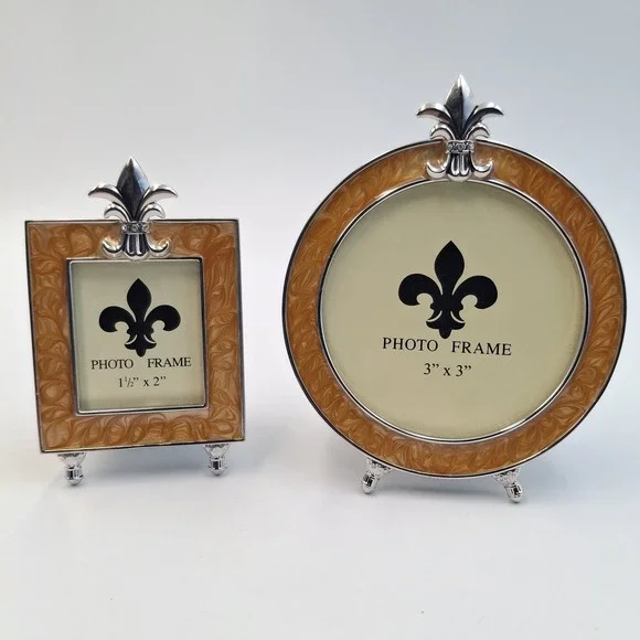 Vintage Fleur De Lis Photo Frame Set Honey Enamel Silver Tone‎ Round Square Mini