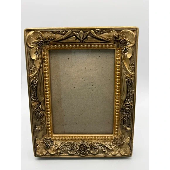 Vintage Ornate Heavy Resin Gold Rose Floral Picture Frame Tabletop Decor Baroque
