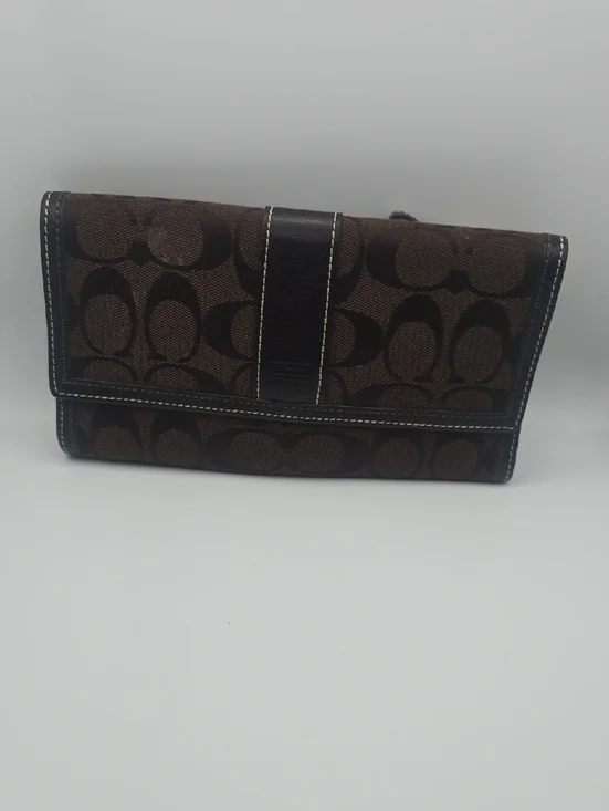 Coach Dark Brown Signature Mono Stitched Black Trim Long Snap Wallet (EUC)🖤