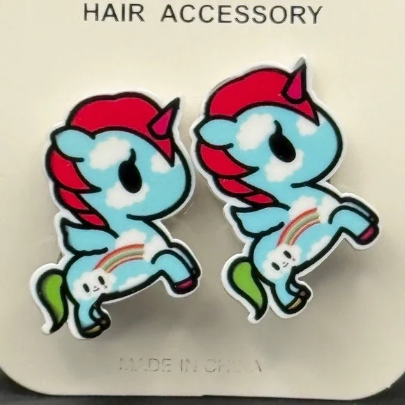 Unicorn Hair Clips Set Blue Rainbow Pegasus Clouds Kawaii Accessories 2pc