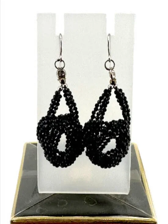 Vintage Black Faceted Beaded Earrings Elegant Openwork Sculptural Dangle 2.5