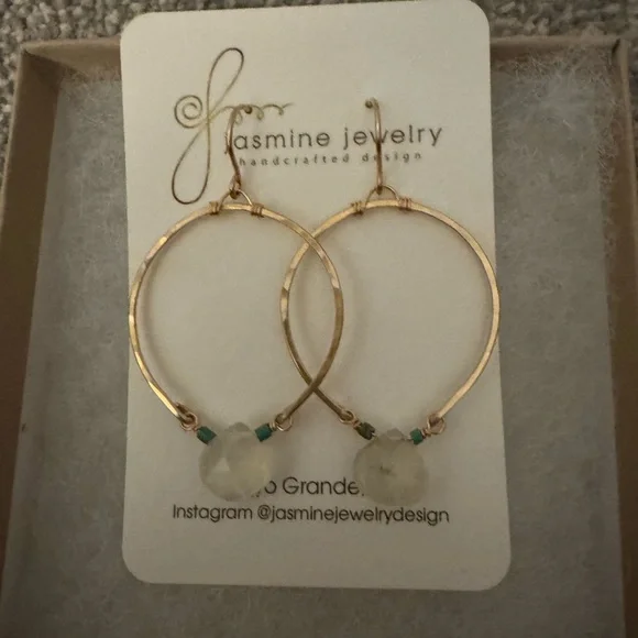 New Gold Hoop Earrings with Green Accents and Clear Rhinestone
