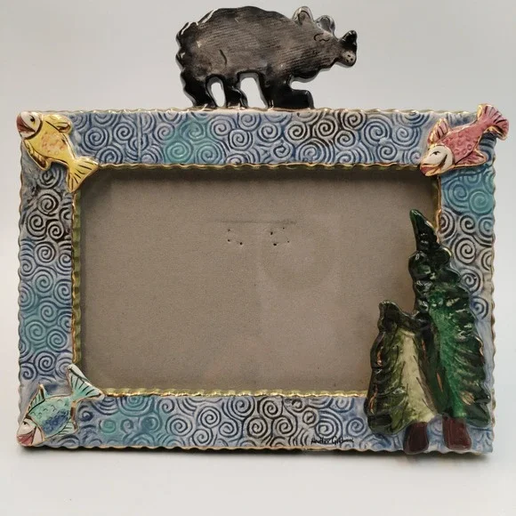 Vtg 2003‎ Blue Sky Clayworks Heather Goldminc Bear Fish Tree Ceramic Photo Frame