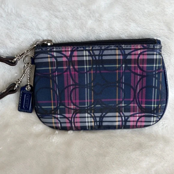 Coach Plaid Signature Wristlet Navy Pink Zip Pouch
