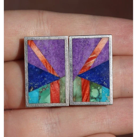 G.A.W Navajo Native American Indian Sterling Silver Multi Stone Clip On Earrings