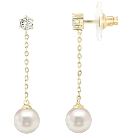 14k Yellow Gold Sterling Silver Post Pearl Drop Earrings CZ Stone Diamond