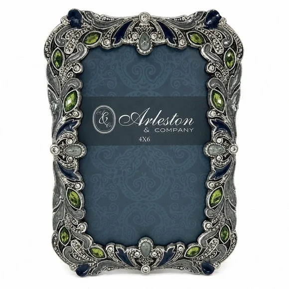 Arleston & Company 4x6 Jeweled Picture Frame Ornate Silver Tone Green Gems