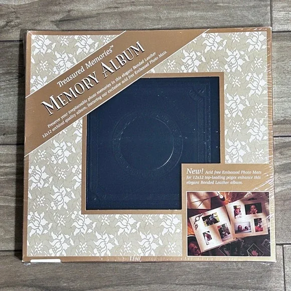 Vintage Treasured Memories 12x12 Memory Photo Album Navy Leather Embossed NEW