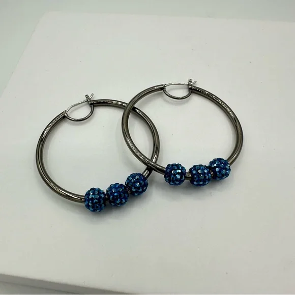 Henri Bendel Rocks Blue Rhinestone Gunmetal Hoop Pierced Earrings