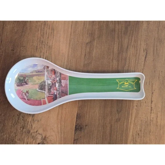 John Deere Spoon Rest Vintage Farm Scene Moline ILL Logo Green White New