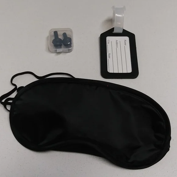 Bundle 4 Travel Items; Eye Mask+Ear Plugs +Tag ID+ Luggage Handle Wrap …