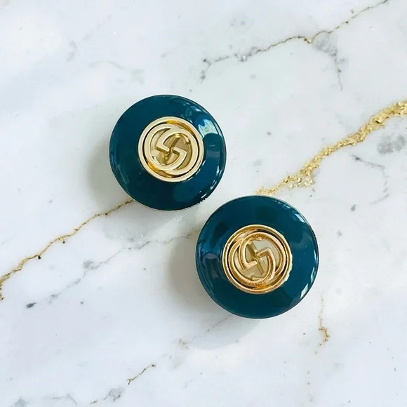 Luxury Black/Gold Signature Logo Repurposed Button Earrings 23mm