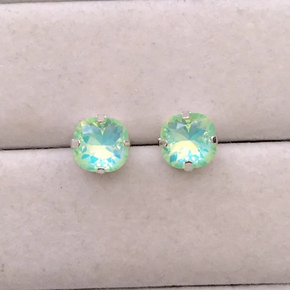 Pacific Opal Aurora Borealis + Silver Cushion Cut Crystal Earrings