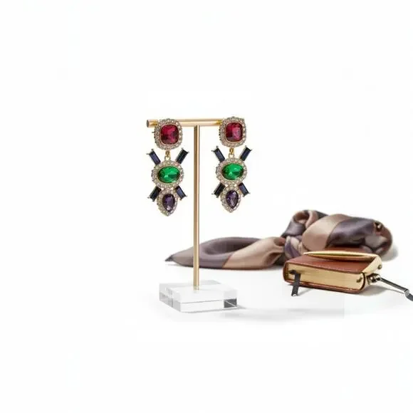 Multi-Color Jeweled Gem Statement Dangle Earrings – Gold Tone Rhinestone Drops