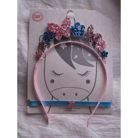Adorable Unicorn Flowers Butterfly Metal Girls Headband & Necklace Choker Shiny!