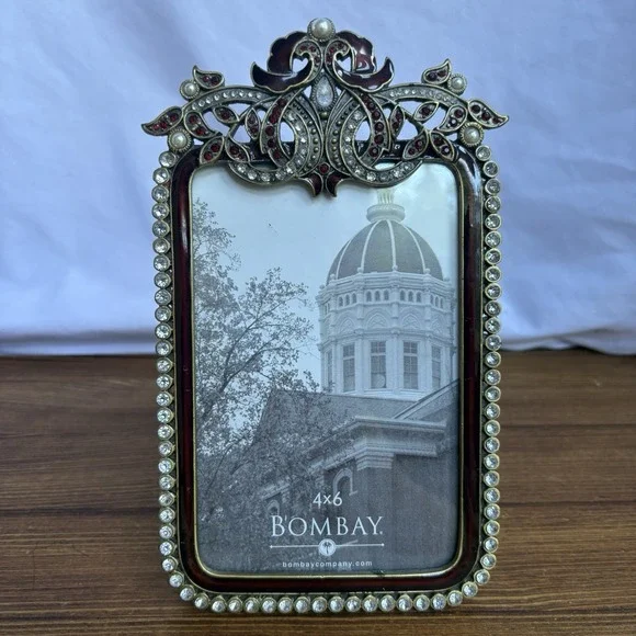 Bombay Company 4x6 Jeweled Picture Frame Red Enamel Rhinestone Pearl Accent