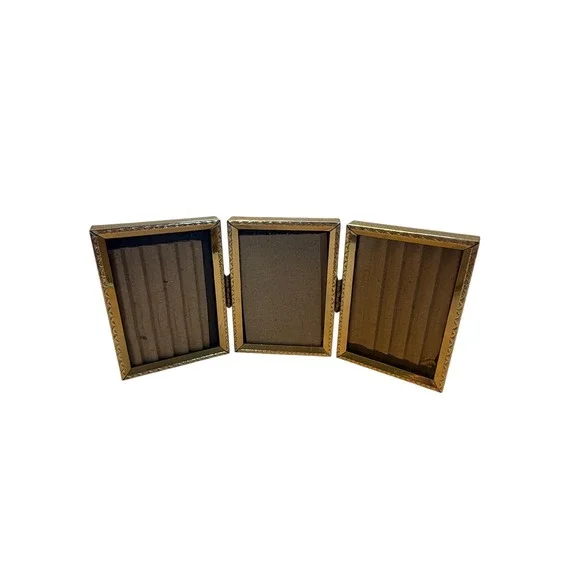 Vintage‎ Gold Tone Metal Triple Folding Picture Frame Etched Triptych 2.5x4.25