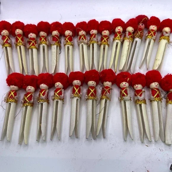 Vintage Handmade Clothespin Soldier Christmas Ornaments Red Gold Lot of 22 4.5