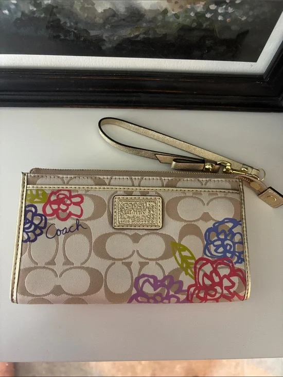 Coach Beige Signature Floral Wristlet with Gold Trim