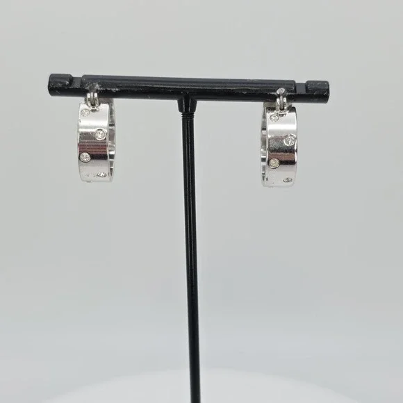 Vintage SWAROVSKI Signed Hoop Earrings Wide Crystal Studded Rhodium Plate Hinged