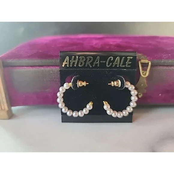 AHBRA-CALE Faux Pearl Beaded Hoop Pierced Earrings NOS