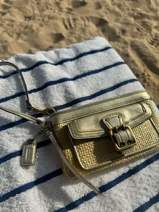 Coach Legacy Woven Straw and Metallic Leather Wristlet