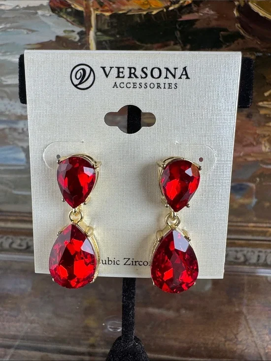 0645-Versona Gold-Tone Red Teardrop Dangle Earrings