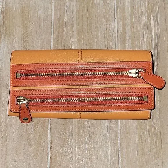 Coach Leather Double Zip Flap Wallet Orange