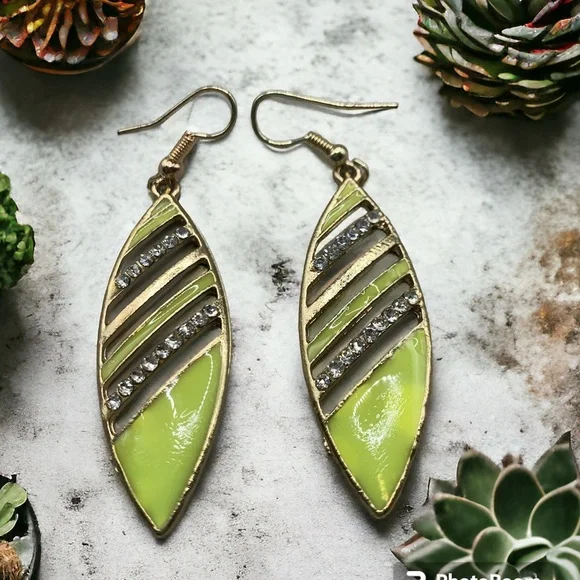 Gold Tone Lime‎ Green Rhinestone Enamel Leaf Shape Earrings 2 1/2” Long