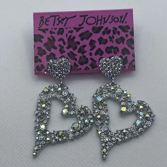 EARRINGS! Betsey Johnson Heart AB Crystal Post Dangle Earrings BNWT