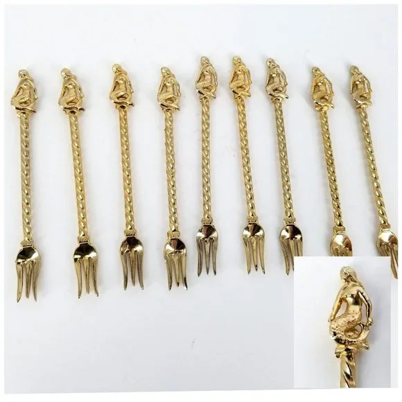 Mermaid Shrimp Crab Olive Fork Cocktail Gold Plated Serving Party Lot of 9 Food