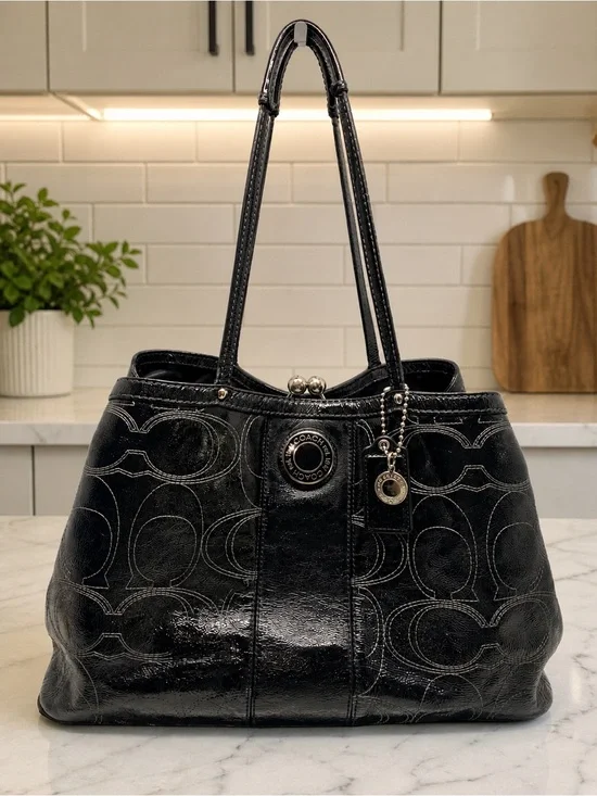 Coach Black Patent Signature Kisslock Tote Shoulder Bag - 2012