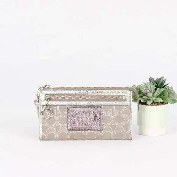 Coach Poppy Metallic Silver Signature Wristlet Wallet