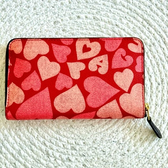 Coach Red and Pink Heart Zip Around Wallet Great Condition!