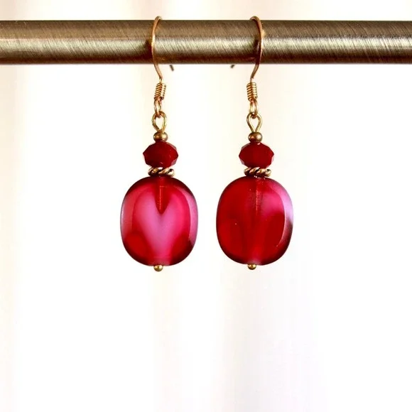 Handmade Ruby Red Czech Glass Dangle Drop Earrings Boho Cottagecore‎ Fairycore