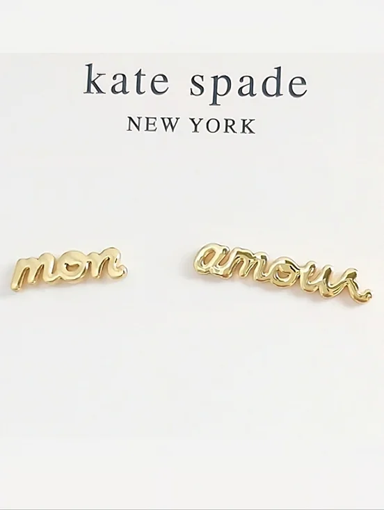 Kate Spade True Love “mon amour” Script Gold Stud Earrings with Dust Bag, NWT
