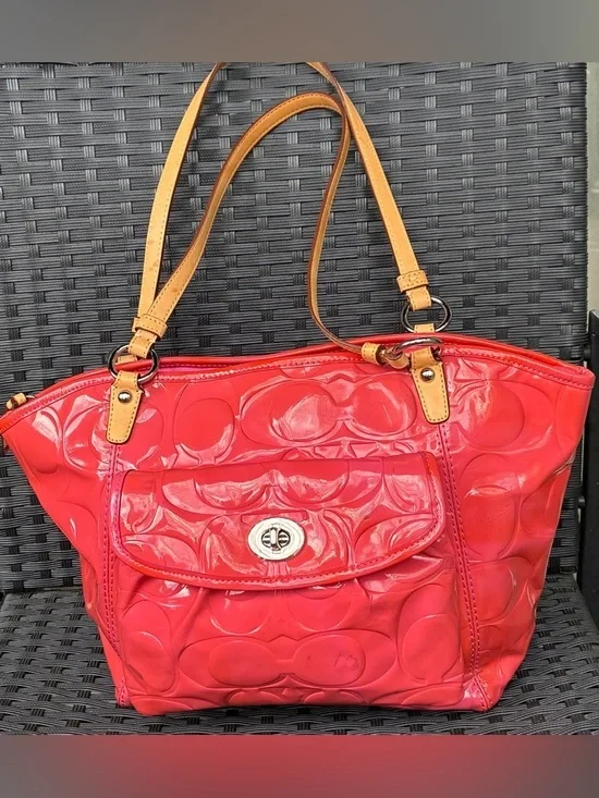 Coach Glossy Red Patent Tote with Tan Leather Straps