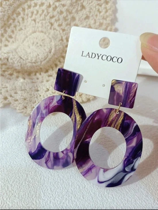 Purple Marbled Hoop Drop Earrings