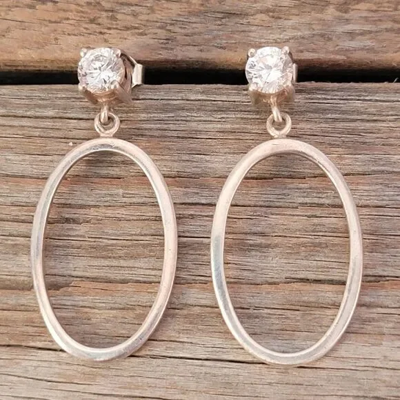 Sterling Silver CZ Post Oval Hoop Drop Earrings