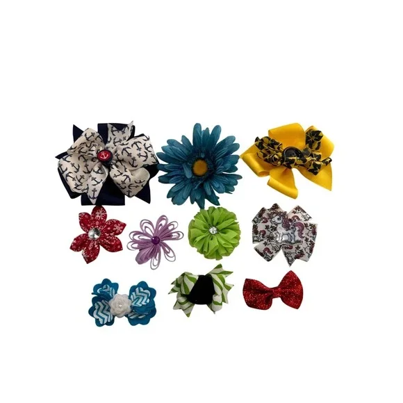 Lot Of 10 Assorted Hair Bow Clips Set With Floral & Unicorn Designs For Girls