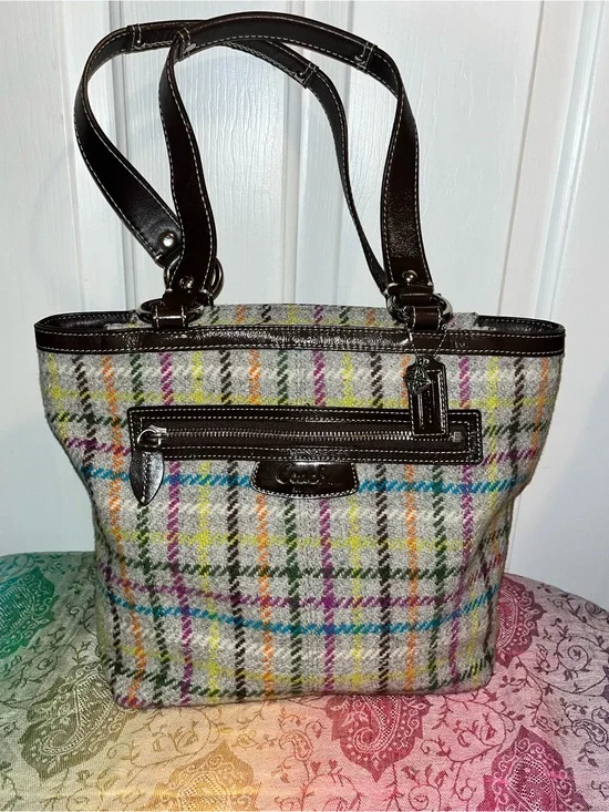 Coach Tattersal Plaid Tote with Brown Leather Trim