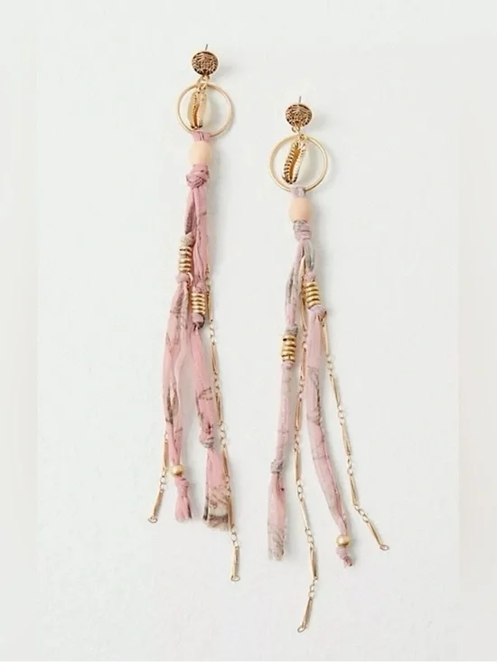 Free People Light Pink Gold Bridge Long Dangle Earrings Shell Fabric Boho