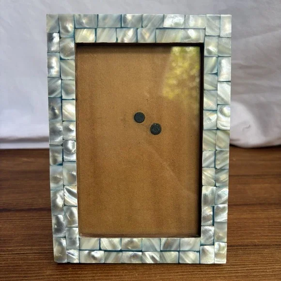 Iridescent Mosaic Shell Picture Frame Blue Trim Coastal Beach House Decor