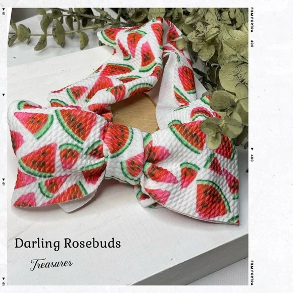 Watermelon print bow headband for newborn up to 4 years ago old approximately.