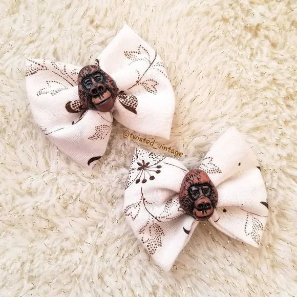 Handmade Girls Gorilla Mini Hair Bow Set Bobby Pin Brown Floral Bows