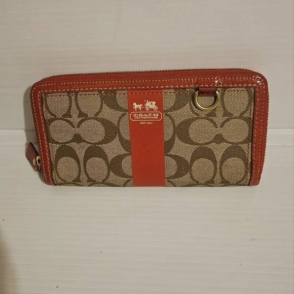 Coach Heritage Signature Stripe Zip Around Accordion Leather