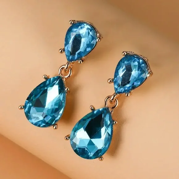 NEW Retro Style Teardrop Large Aquamarine Gold 18k Dangle Evening Drop Earrings