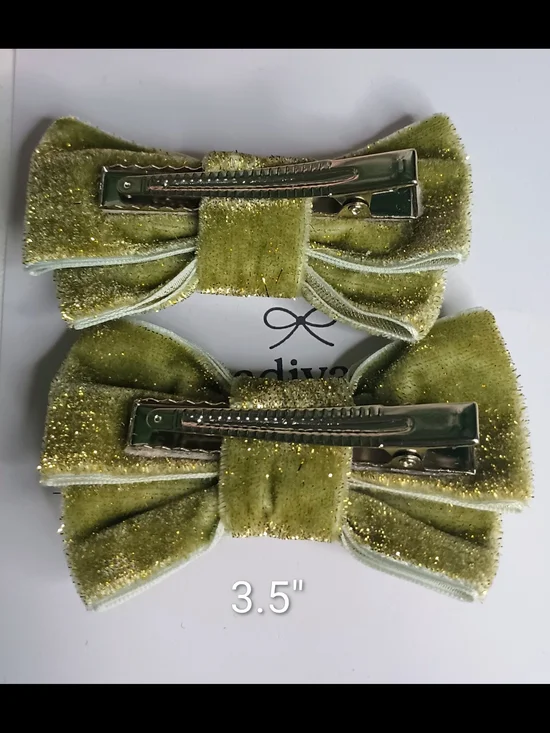 Velvet Glitter Bow Hair Clips for Kids - Olive & Black🎀✨